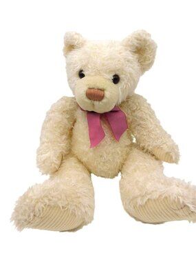 Wholesale Merchandisers Shaggy Cream Teddy Bear Plush Mauve Ribbon Corduroy Feet